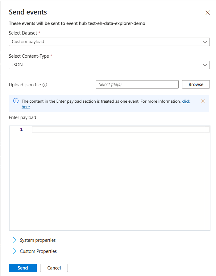 Screenshot showing the send event experience for custom payload.