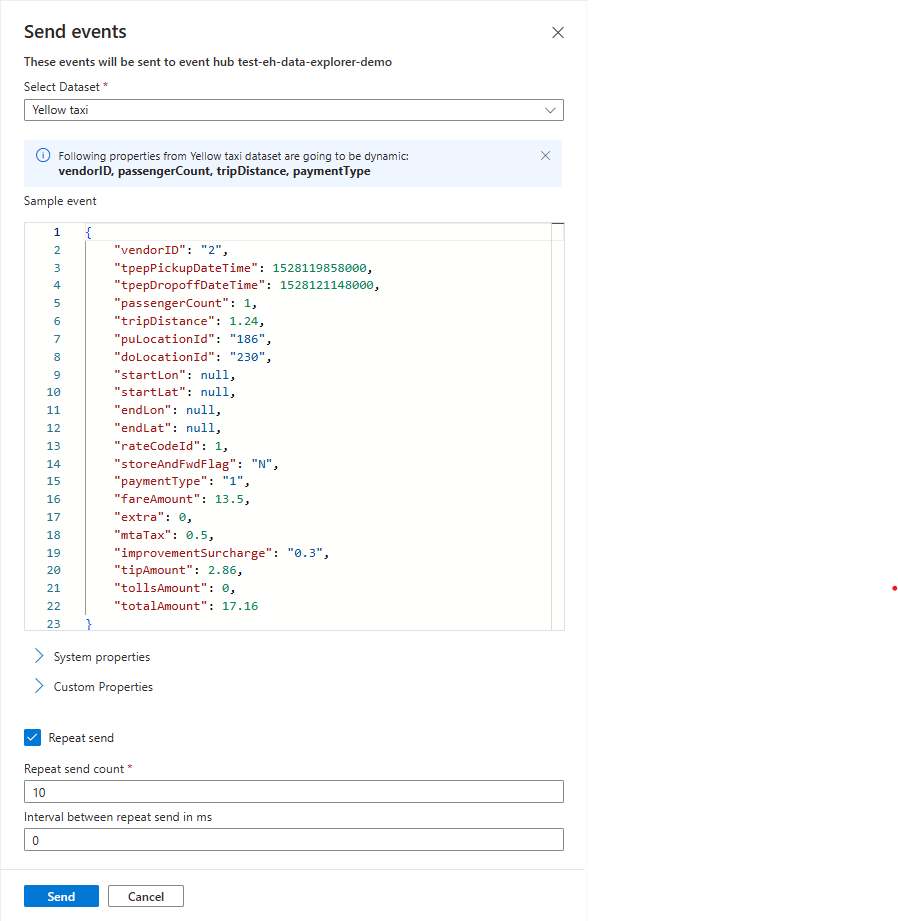 Screenshot showing the send event experience for precanned payload.
