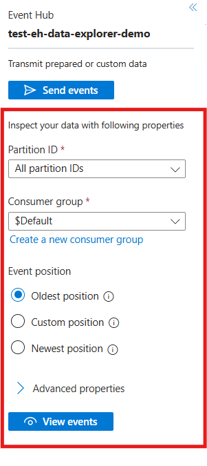 Screenshot showing the data explorer menu with view events selected.
