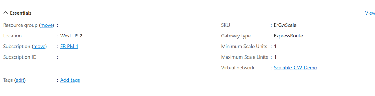 Screenshot of the overview for virtual network gateway for ExpressRoute.