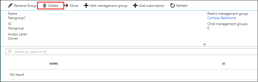 Screenshot of the Management group page with the 'Delete' button highlighted.