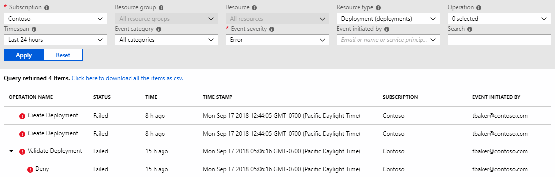 Screenshot of the Activity Log for Azure Policy activities and evaluations.