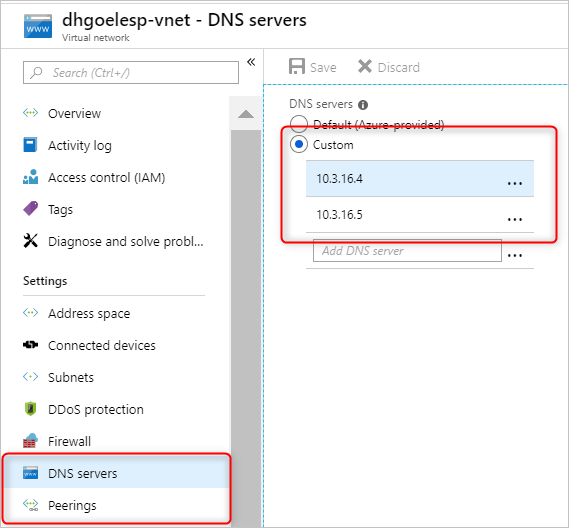 Configuring custom DNS servers for a peered virtual network