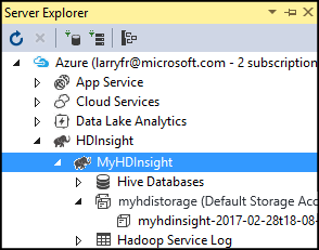 Default storage account, HDInsight cluster, Server Explorer.