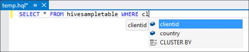 IntelliSense example 2, Hive ad-hoc query, HDInsight cluster, Visual Studio.