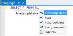 IntelliSense example 1, Hive ad-hoc query, HDInsight cluster, Visual Studio.
