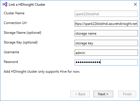 Link a cluster, HDInsight, Visual Studio.