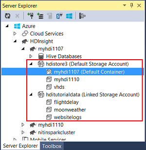 Data Lake Tools for Visual Studio linked resources in Server Explorer.