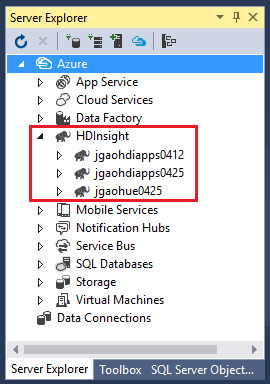 HDInsight cluster list, Server Explorer, Visual Studio.