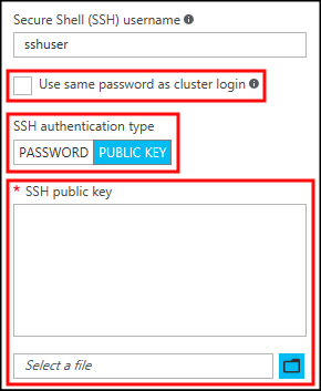 SSH public key dialog in HDInsight cluster creation.