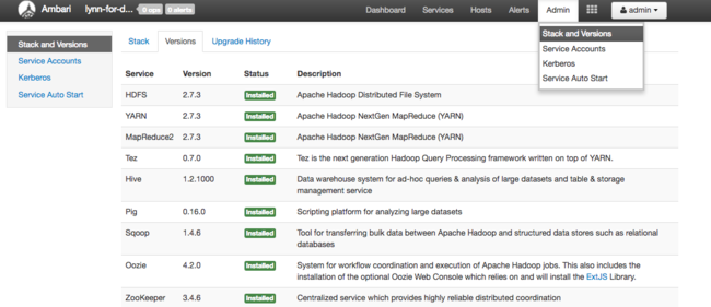 Apache Ambari admin Stack and Versions.