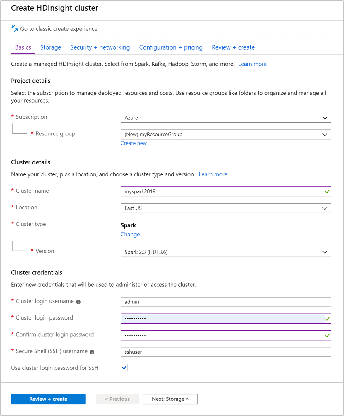 Screenshot shows Create HDInsight cluster with the Basics tab selected.