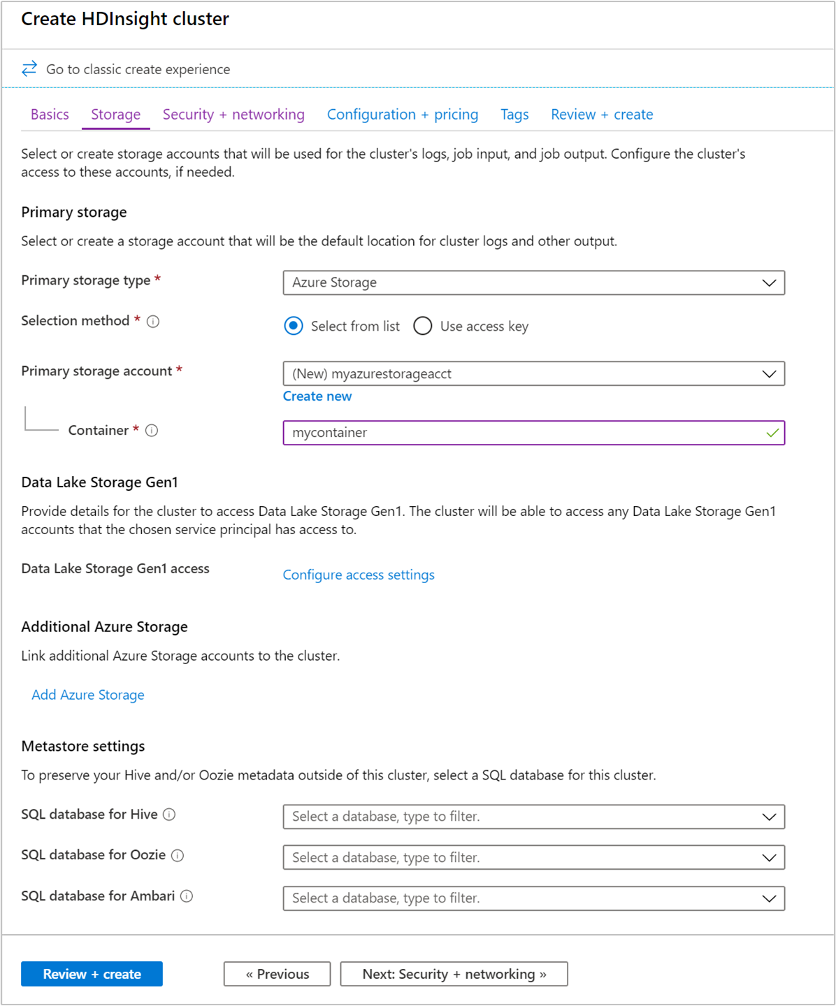 Screenshot shows Create HDInsight cluster with the Storage tab selected.