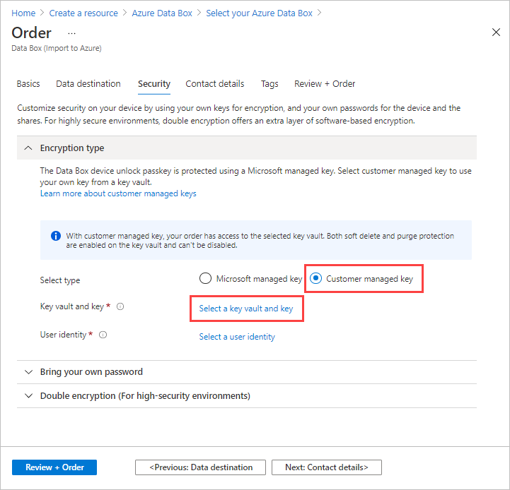 Screenshot of Encryption Type settings on the Security tab for a Data Box order. The "Select a key and key vault" link is highlighted.