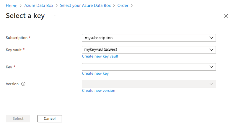 Screenshot of the "Select a key" screen in Azure Key Vault. The Key Vault field is highlighted.