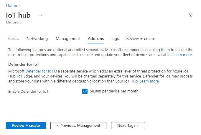 Screen capture that shows how to set the optional add-ons for a new IoT hub.