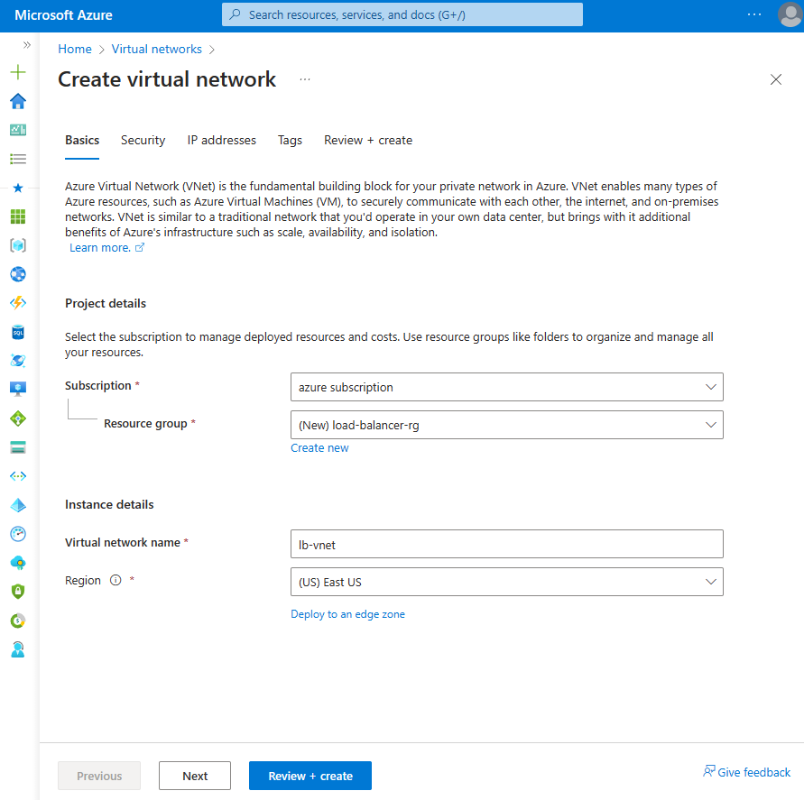 Screenshot of Basics tab of Create virtual network in the Azure portal.