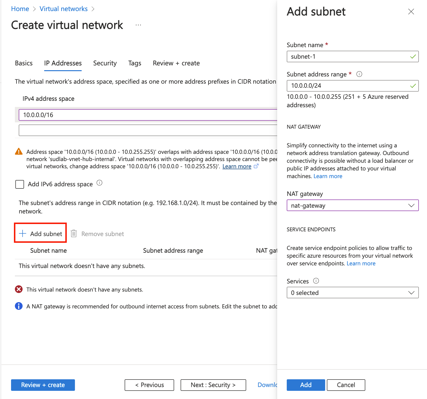 Screenshot of IP address space and subnet creation in Create virtual network in the Azure portal.