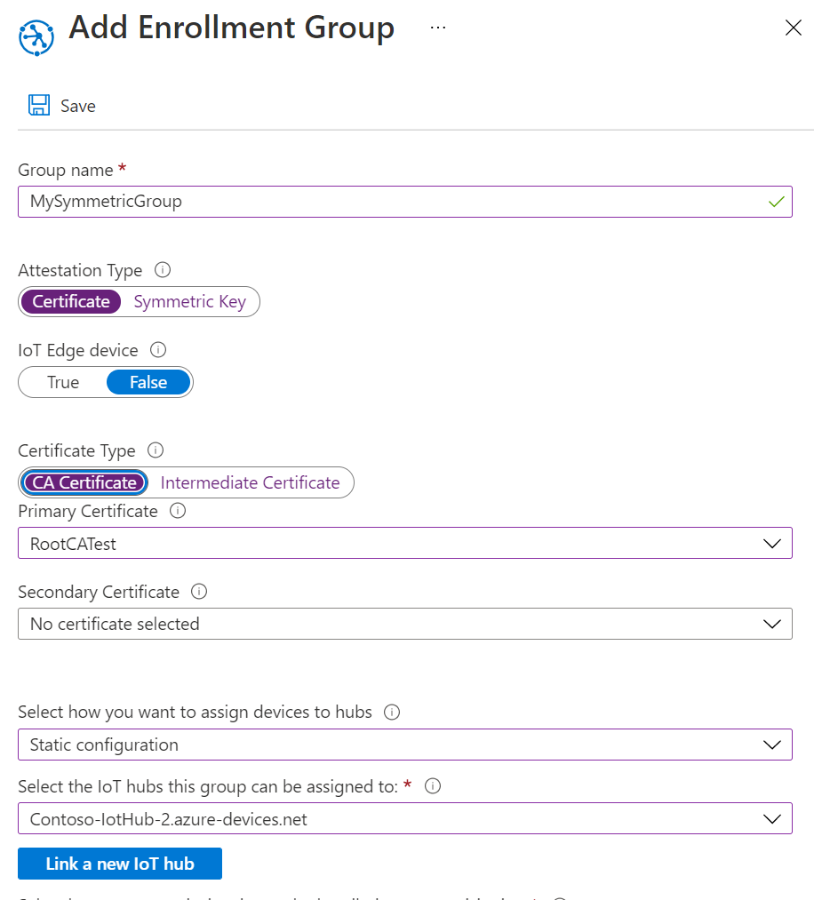 Screenshot that shows adding an enrollment group for X.509 certificate attestation.