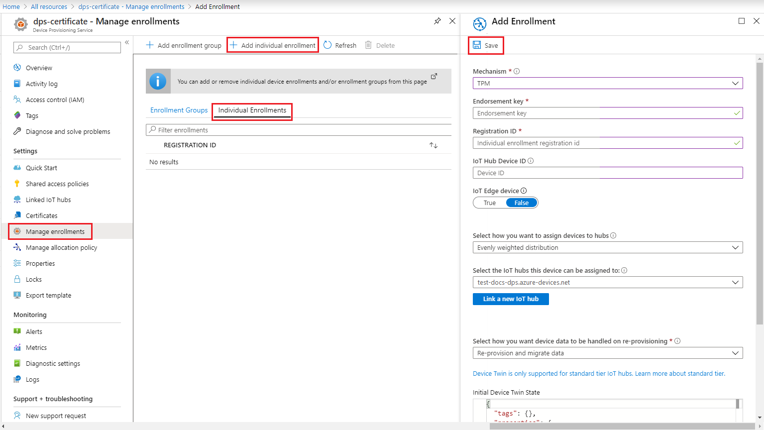 Enter device enrollment information in the portal blade