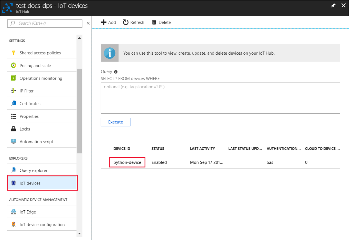 Device is registered with the IoT hub