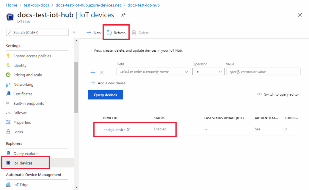 Screenshot showing that the device is registered with the IoT hub and enabled for the Node.js example.