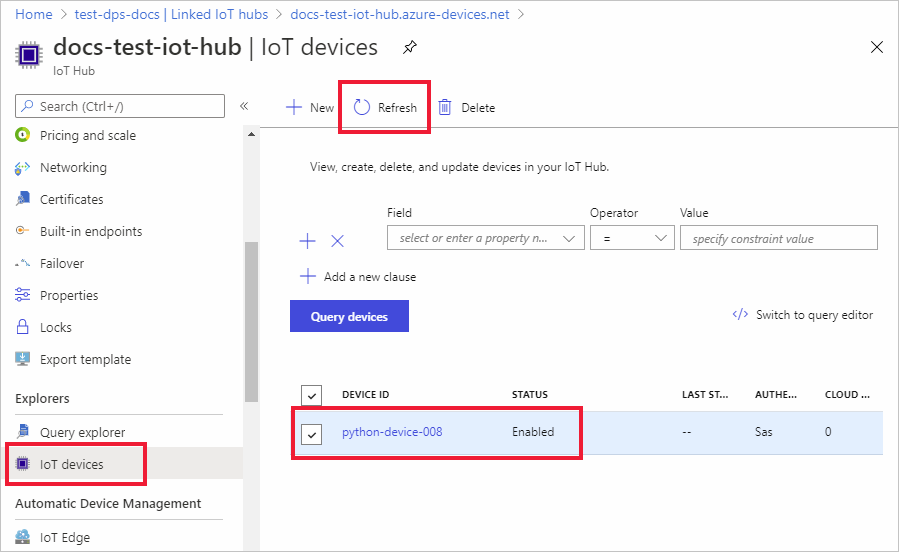 Screenshot showing that the device is registered with the IoT hub and enabled for the Python example.