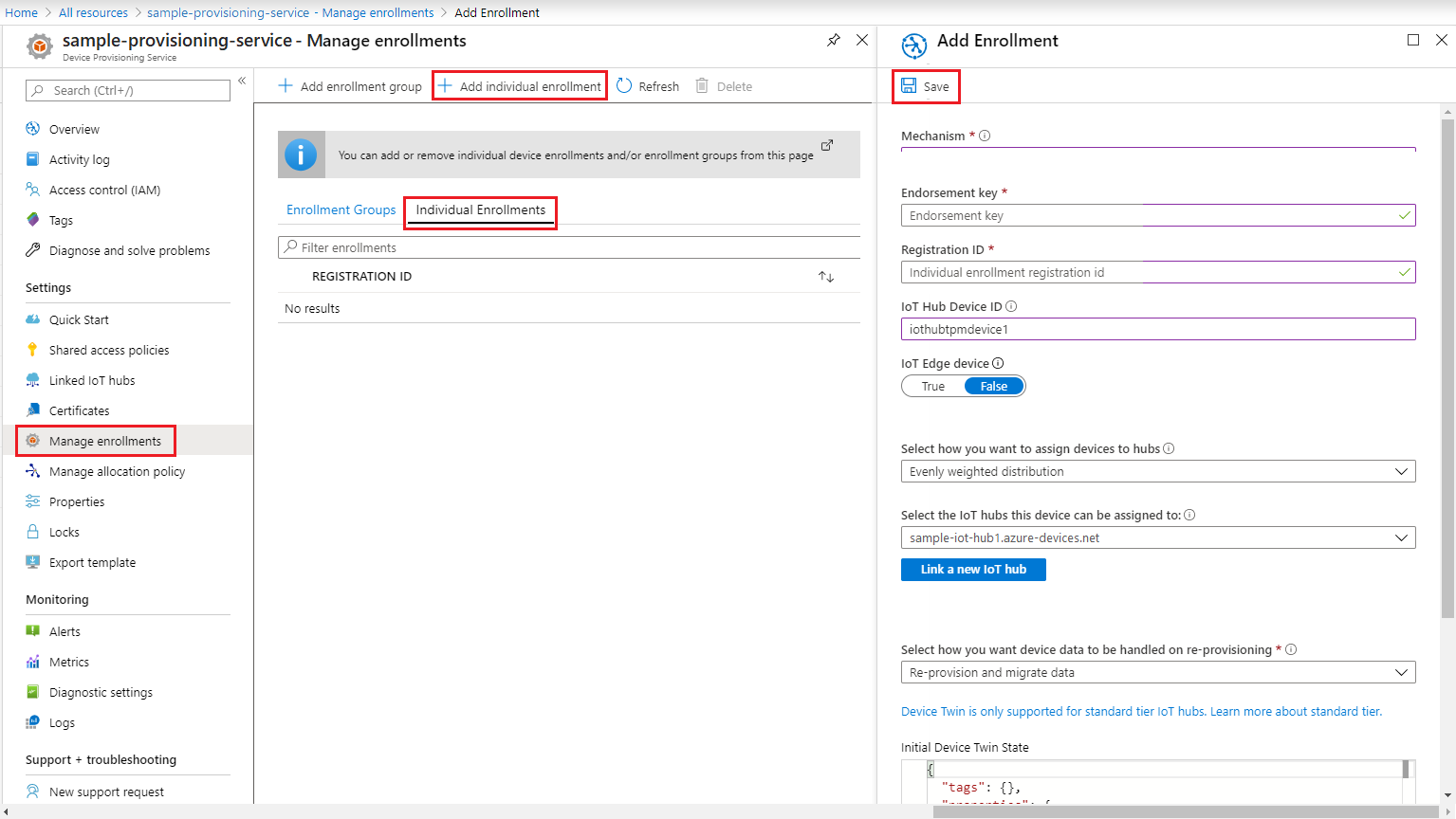 Enter device enrollment information in the portal blade