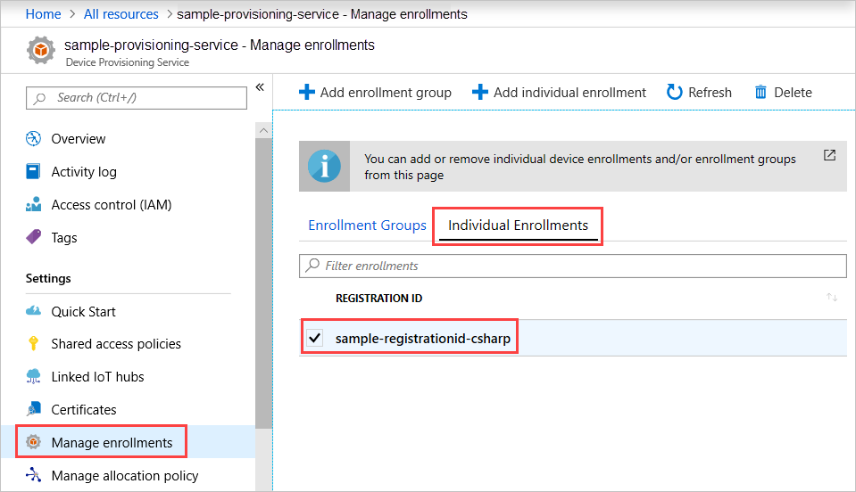 Enrollment properties in the portal