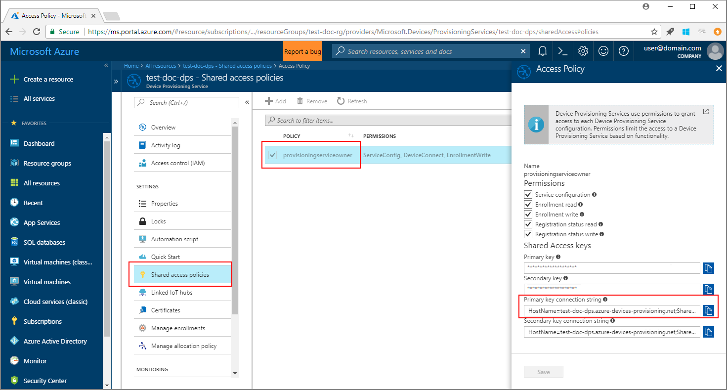 Get the provisioning connection string from portal