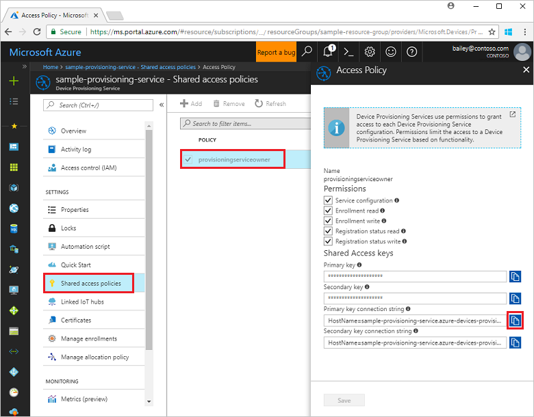 Get provisioning service connection string from the portal