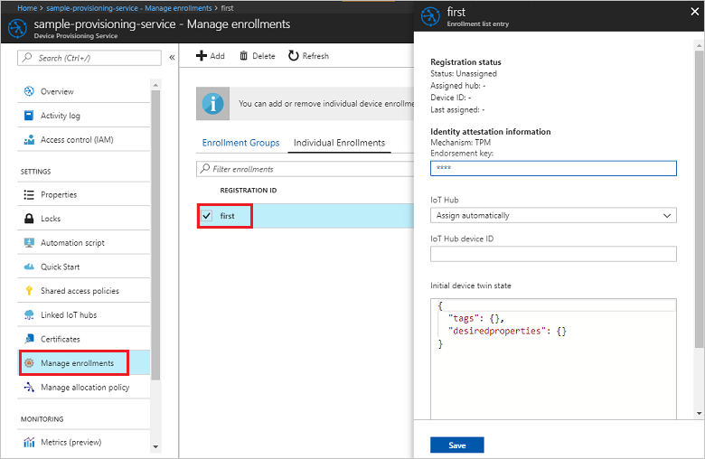 Enrollment properties in the portal