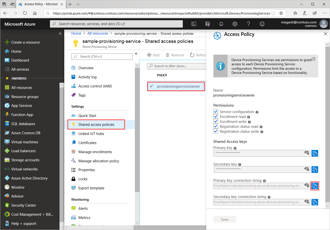 Get provisioning service connection string from the portal