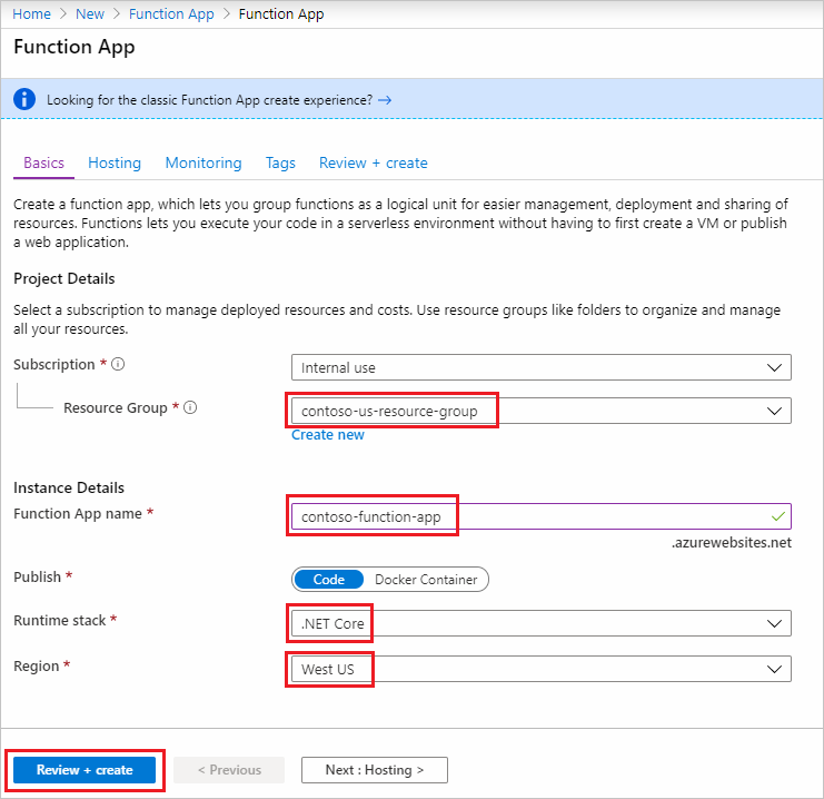 Screenshot that shows the Create Function App form in the Azure portal.