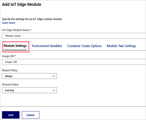 Screenshot showing the Module Settings tab of the Add IoT Edge Module page. .