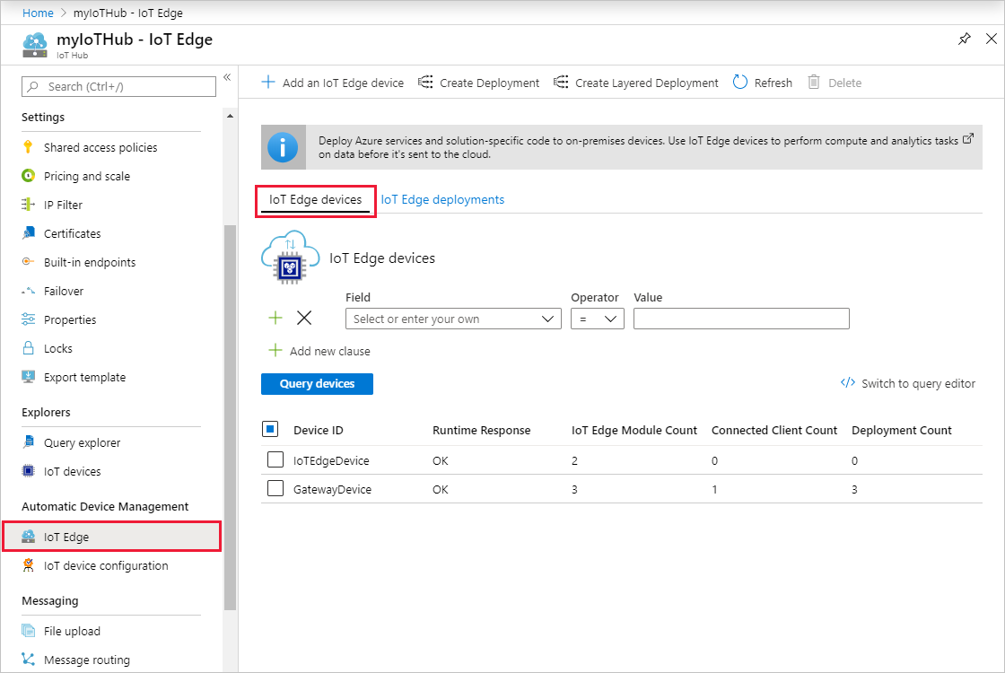 Use the Azure portal to view all IoT Edge devices in your IoT hub