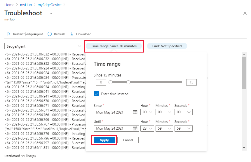 Screenshot showing how to choose a time or time range from the time range popup filter.