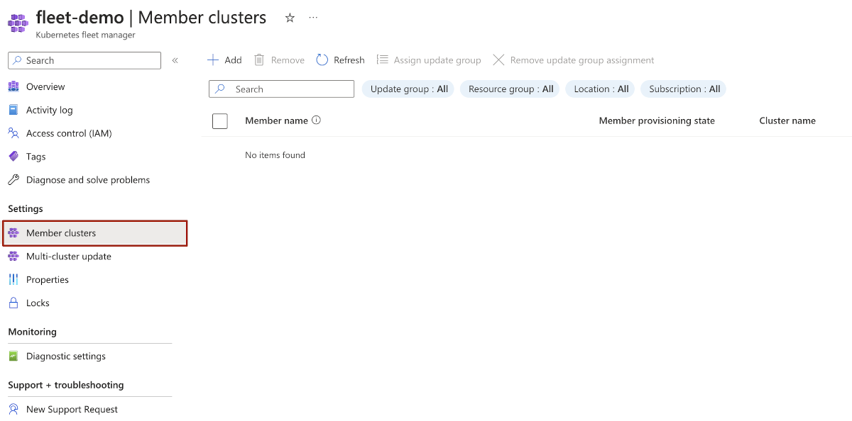 Screenshot of the Azure portal page for Azure Kubernetes Fleet Manager for adding member clusters.