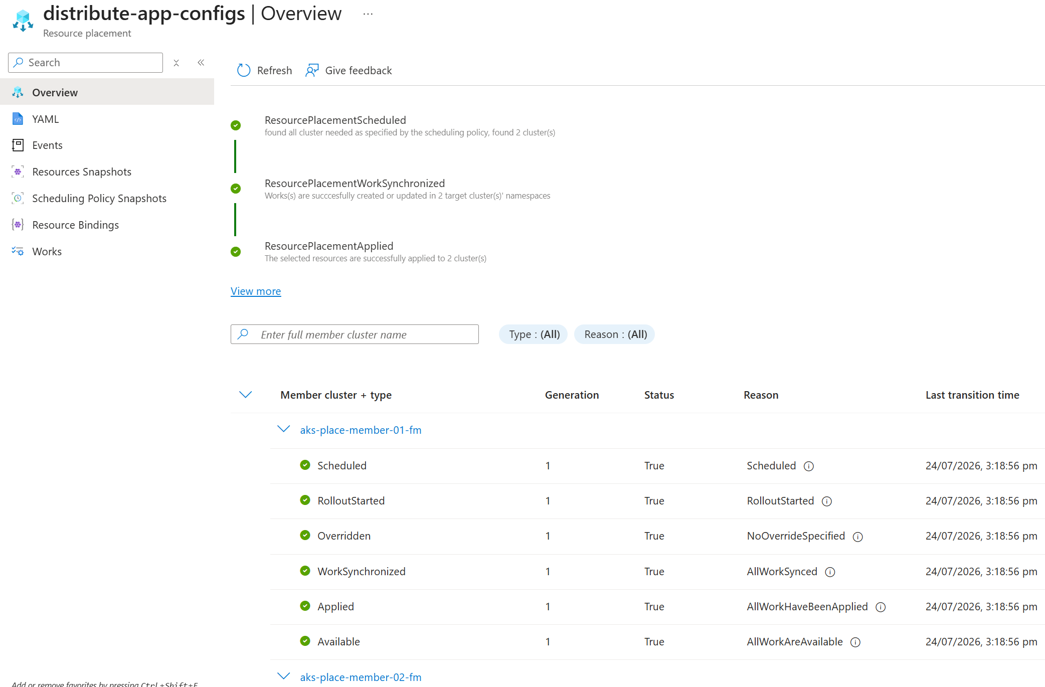 Screenshot of the Azure portal showing the detailed rollout information of a namespace-scoped resource placement called distribute-app-configs.