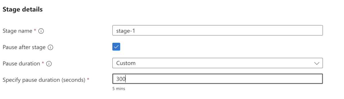 Screenshot of the Azure portal page for creating a stage and defining wait time.