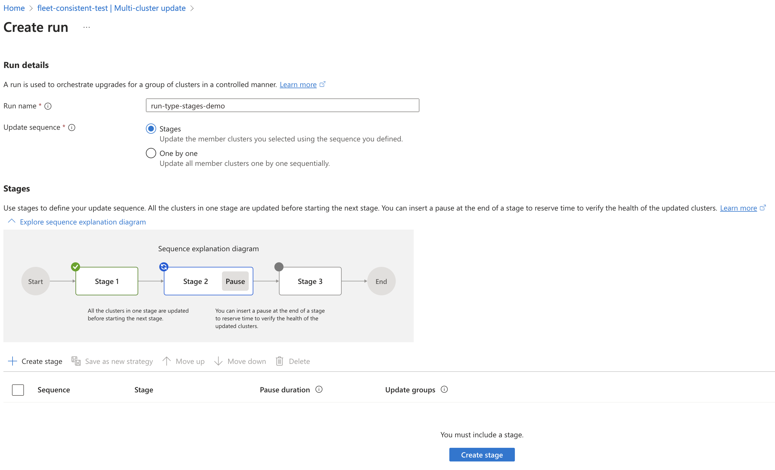 Screenshot of the Azure portal page for choosing stages mode within update run.