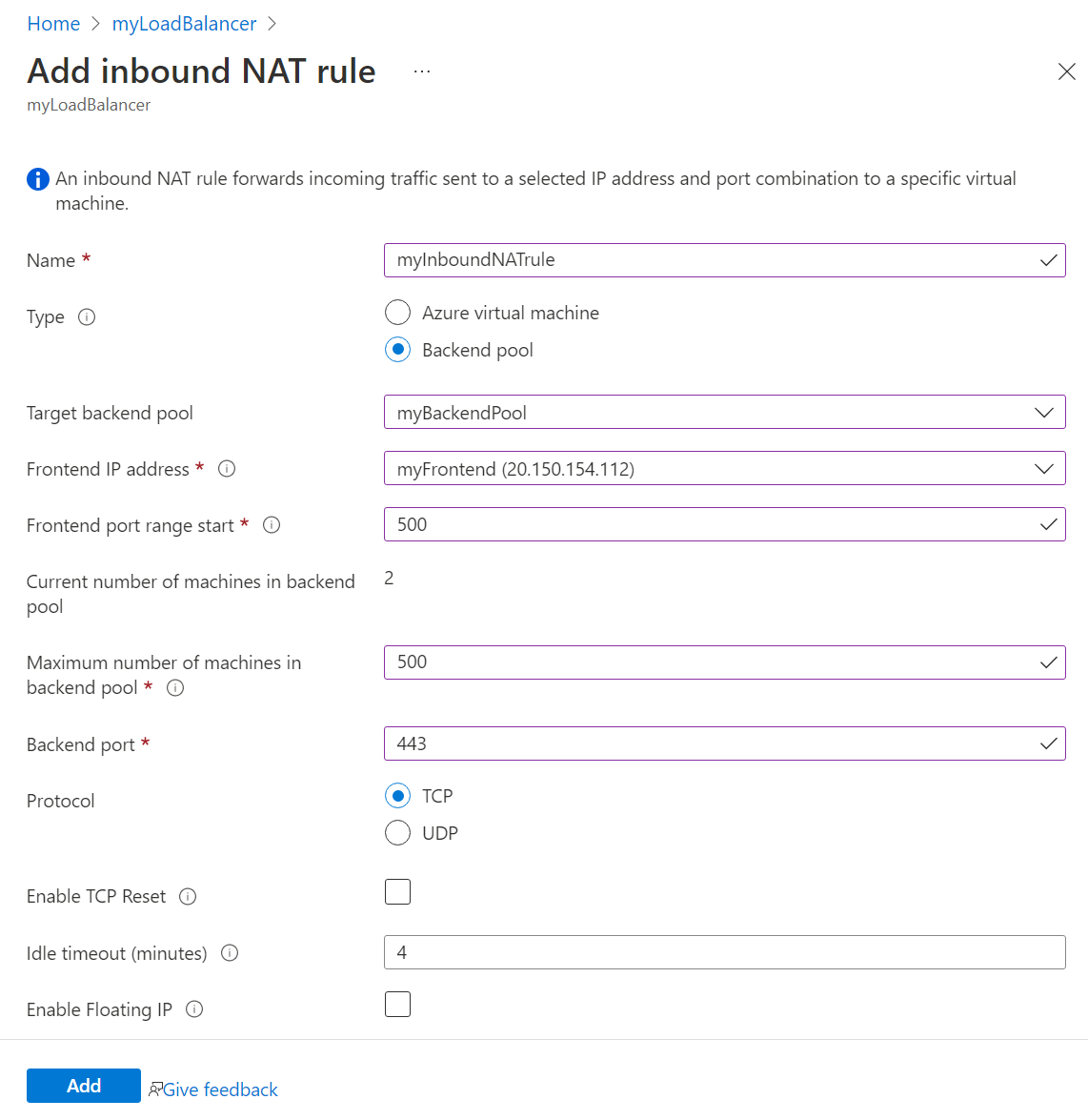 Screenshot of the add inbound NAT rules page