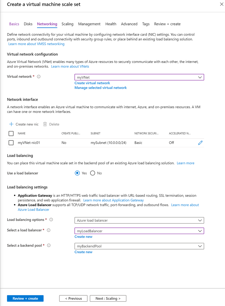 Screenshot shows the Create virtual machine scale set Networking tab.