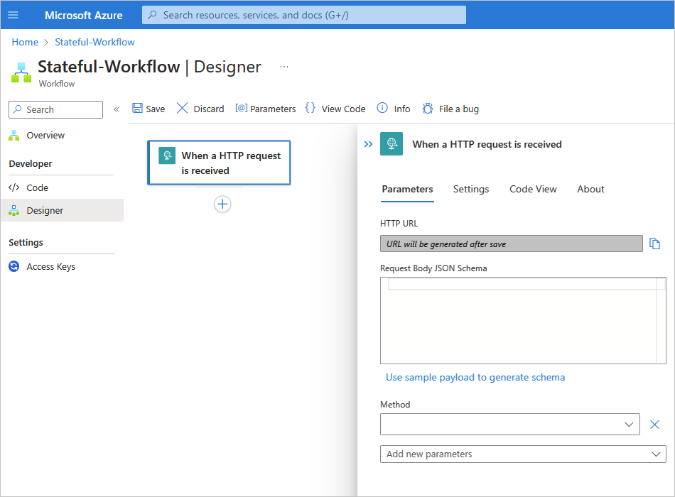 Screenshot shows the Request trigger for a Standard workflow.