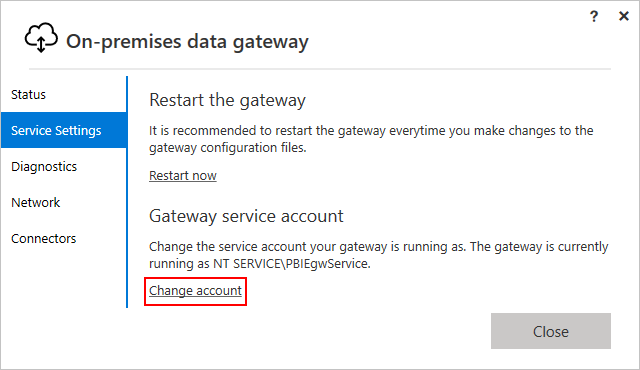 Screenshot that shows the on-premises data gateway installer and Service Settings page with button to change gateway service account selected.
