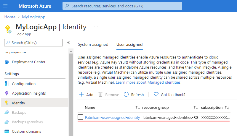 Screenshot shows Standard logic app and associated user-assigned identity.