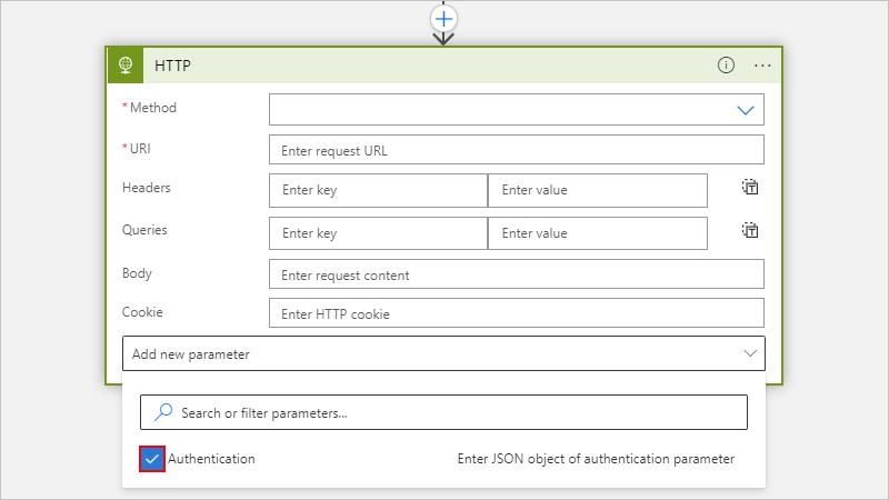 Screenshot shows Consumption workflow with built-in action and opened list named Add new parameter, with selected option for Authentication.