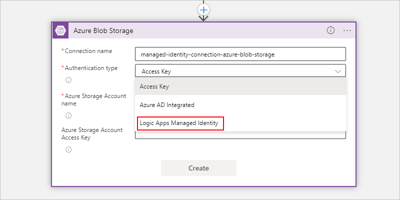 Screenshot shows Consumption workflow, connection name box, and selected option for Logic Apps Managed Identity.
