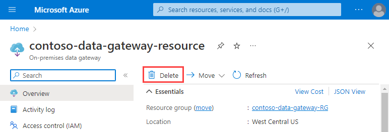 Screenshot shows on-premises data gateway resource in the Azure portal. On the toolbar, Delete is selected.
