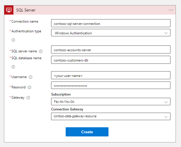 Screenshot of a SQL Server connector. The 'Subscription,' 'Connection Gateway,' 'Connection name,' and other boxes have values.